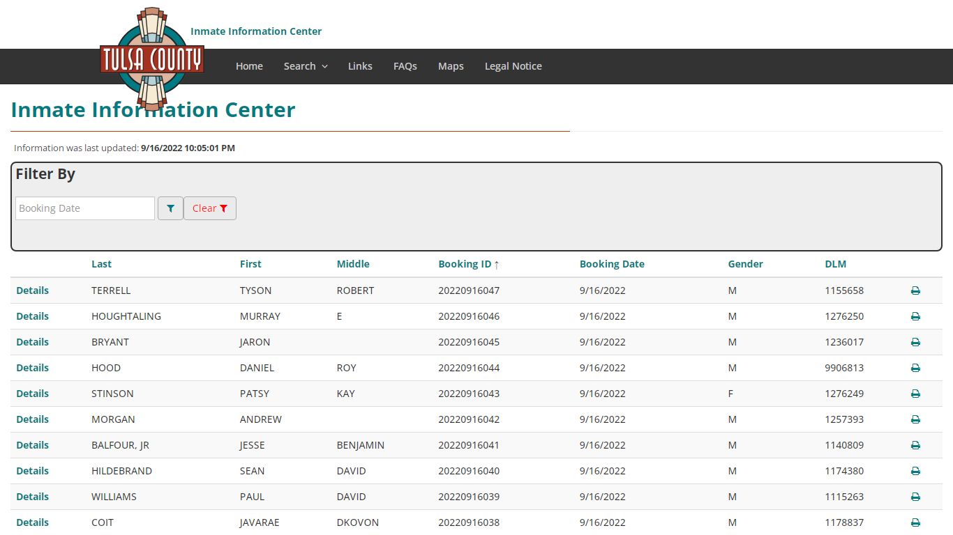 Booking Index - Inmate Information Center - Tulsa County, Oklahoma